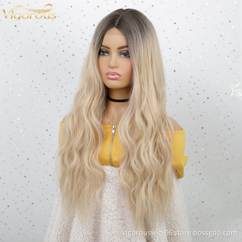 Natural Looking Long Ombre Blonde body Wavy Curly End Straight Wigs Women Middle Part Heat Resistant Fiber Synthetic Fiber Wig